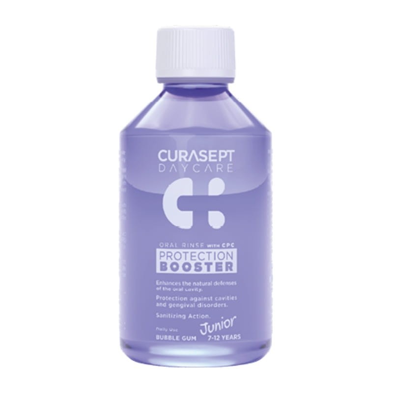 CURASEPT DAYCARE PROTECTION BOOSTER JUNIOR - płyn do płukania jamy ustnej dla dzieci 7-12 lat o smaku gumy balonowej 250ml