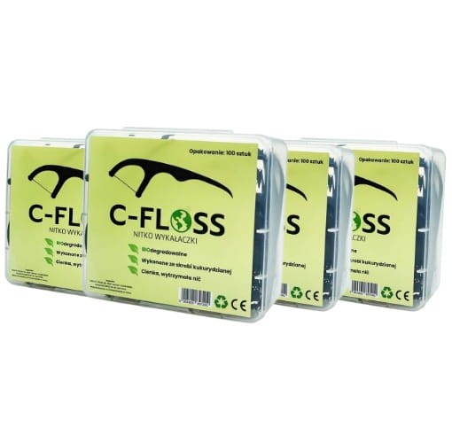 4x C-FLOSS - czarne, biodegradowlane nitko wykałaczki 100 sztuk