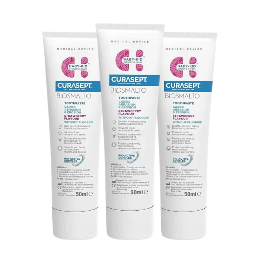 3x CURASEPT BIOSMALTO BABY-KID - pasta truskawkowa bez fluoru 50ml