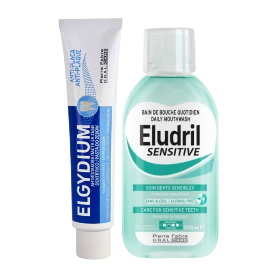 Zestaw - Eludril Sensitive płyn 500ml i Elgydium Anti-plaque 75ml