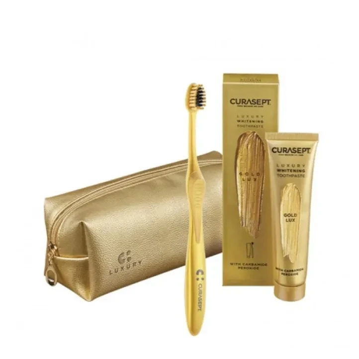 Curasept Whitening Luxury System - zestaw z wybielającą pastą do zębów, szczoteczką i kosmetyczką