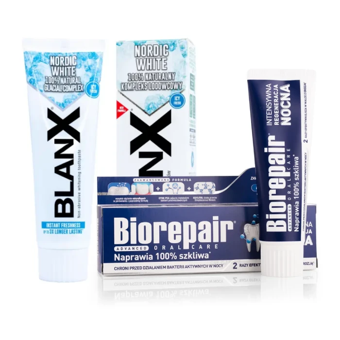 Zestaw past do zębów: Biorepair Night Protection 75 ml + Blanx Nordic White wybielająca 75 ml