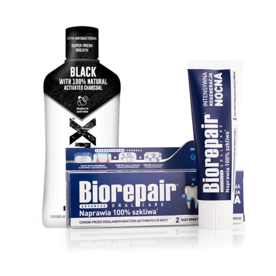 Zestaw higieny jamy ustnej: Biorepair Night Protection 75 ml + Blanx Black płyn 500 ml