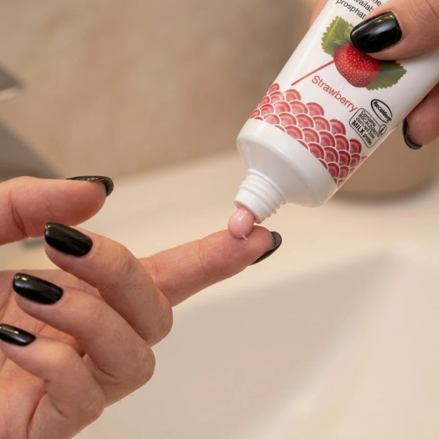 GC Tooth Mousse Truskawka 35 ml – krem do zębów wspierający remineralizację szkliwa i ochronę przed demineralizacją, prezentowany wraz z oryginalnym opakowaniem.