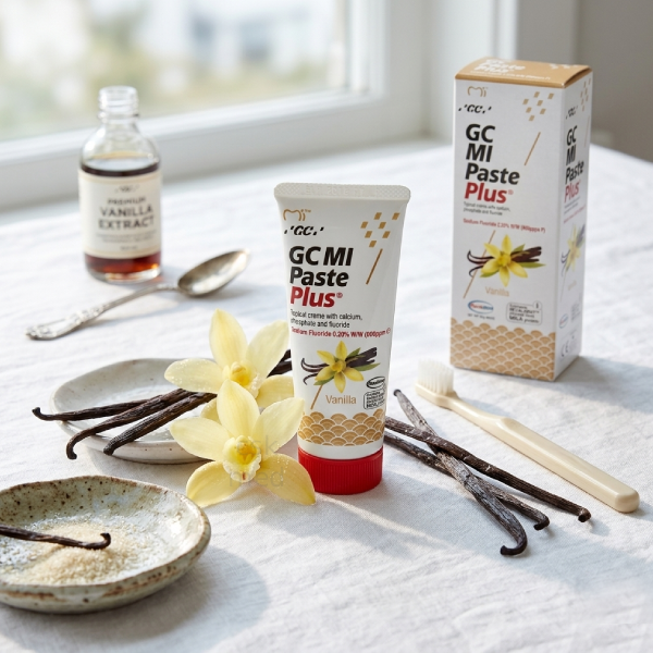 Pasta GC MI Paste Plus Wanilia o pojemności 35 ml z fluorem, przeznaczona do wzmacniania szkliwa i ochrony zębów przed demineralizacją, widok produktu na jasnym tle.