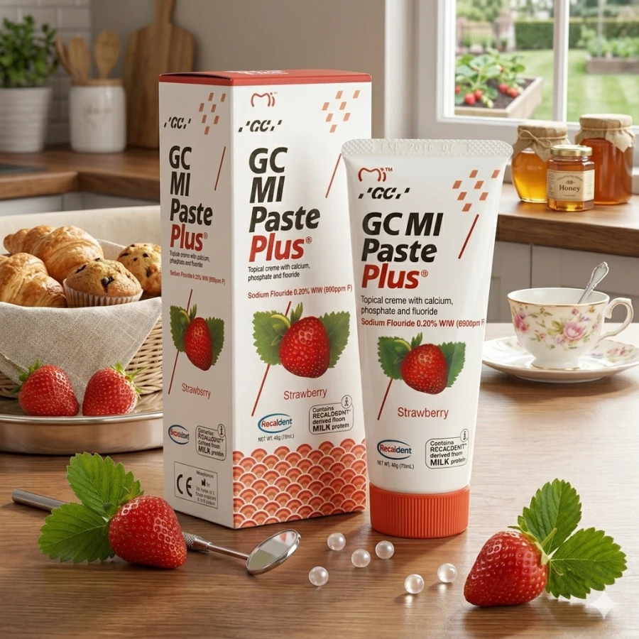 Pasta GC MI Paste Plus Truskawka o pojemności 35 ml z fluorem, przeznaczona do wzmacniania szkliwa i ochrony zębów przed demineralizacją, widok produktu na jasnym tle.