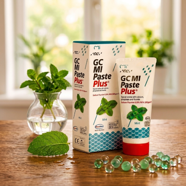 Pasta GC MI Paste Plus Mięta o pojemności 35 ml z fluorem, przeznaczona do wzmacniania szkliwa i ochrony zębów przed demineralizacją, widok produktu na jasnym tle.