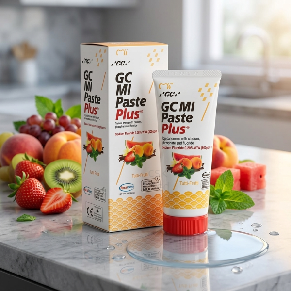GC MI Paste Plus Tutti-Frutti 35 ml – krem do zębów z fluorem wspierający remineralizację szkliwa, widok tubki i opakowania na jasnym tle.