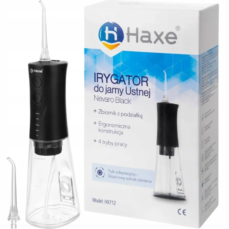 Irygator HAXE Nevaro bezprzewodowy do zębów HX-712 w kolorze czarnym z pojemnym zbiornikiem na wodę i ergonomiczną konstrukcją, przedstawiony na białym tle.