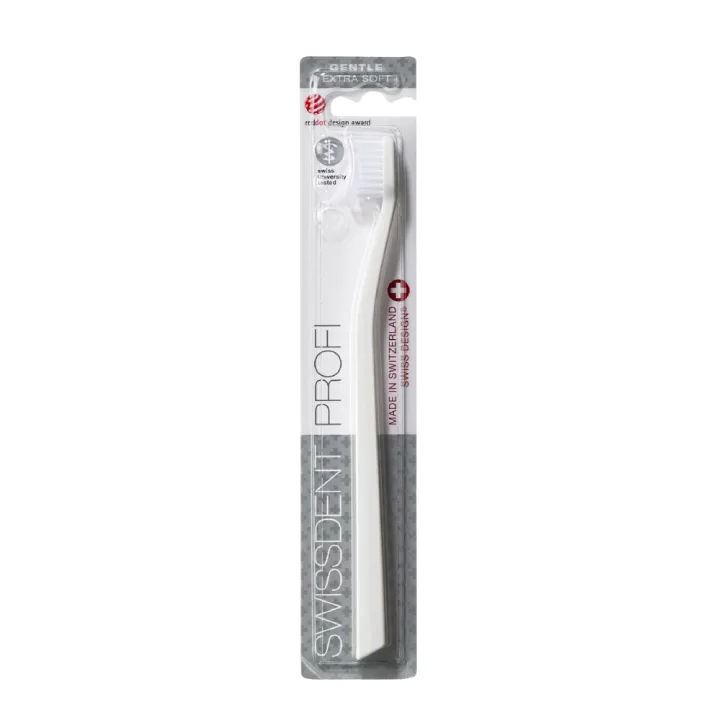 SWISSDENT Profi Gentle Extra Soft – ultramiękka szczoteczka do zębów w kolorze białym, z prostym ergonomicznym uchwytem i kompaktową główką, przedstawiona na białym tle.