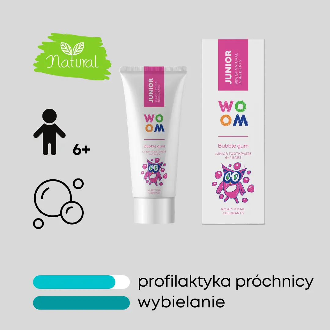 WOOM JUNIOR BUBBLE GUM - pasta do zębów dla dzieci 6+ lat o smaku gumy balonowej